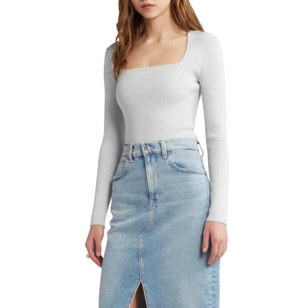 Open Edit Women's Luxe Sculpt Square Neck Long Sleeve Light Gray Top XXS NWT